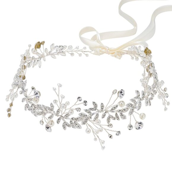Crystal Bridal Headpiece Silver Wedding Headband for Brides Pearl Hair Vine Rhin